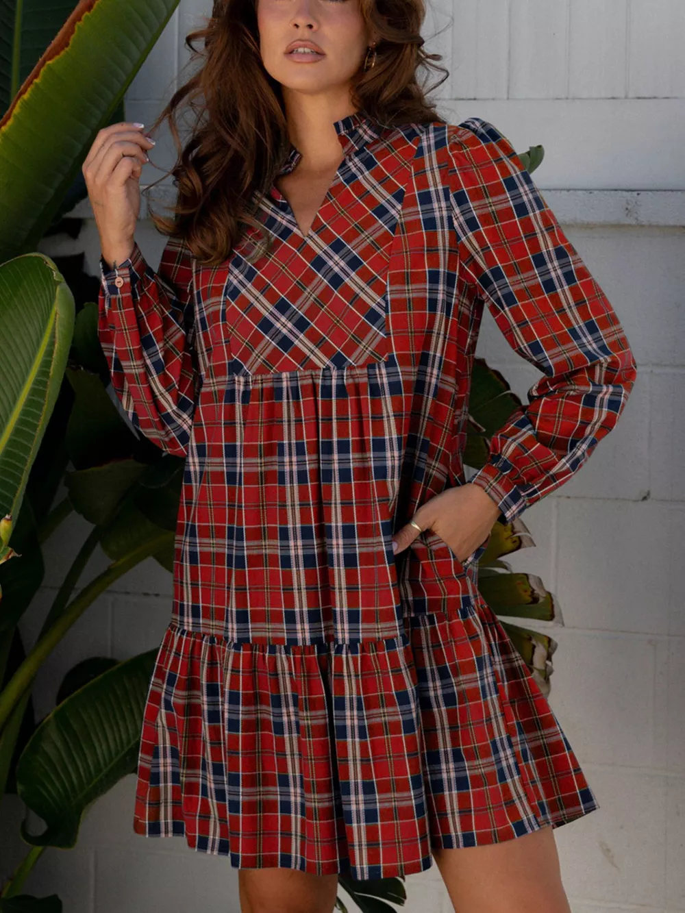 Plaid Print Frilly Collar Long Sleeve Shift Mini Dress, image 3