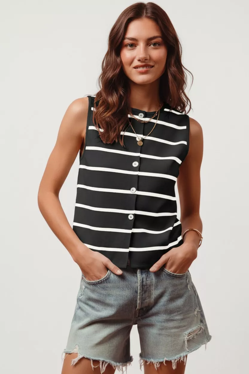 Button Front Stripe Fine Sweater Sleeveless Top, image 2