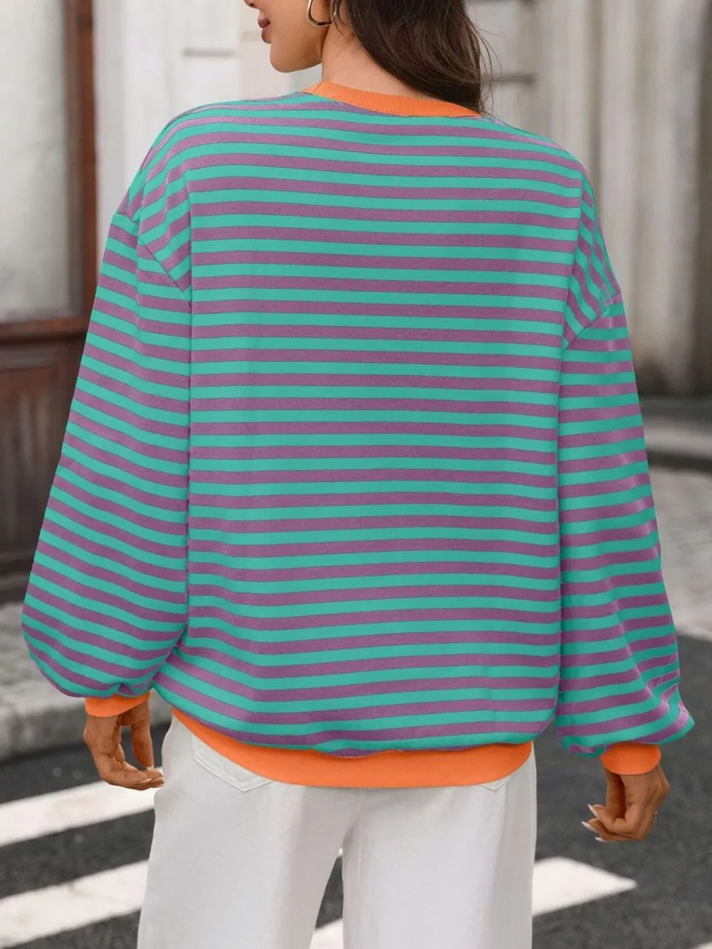 Contrast Trim Striped Crew Neck Sweatshirt, image 8