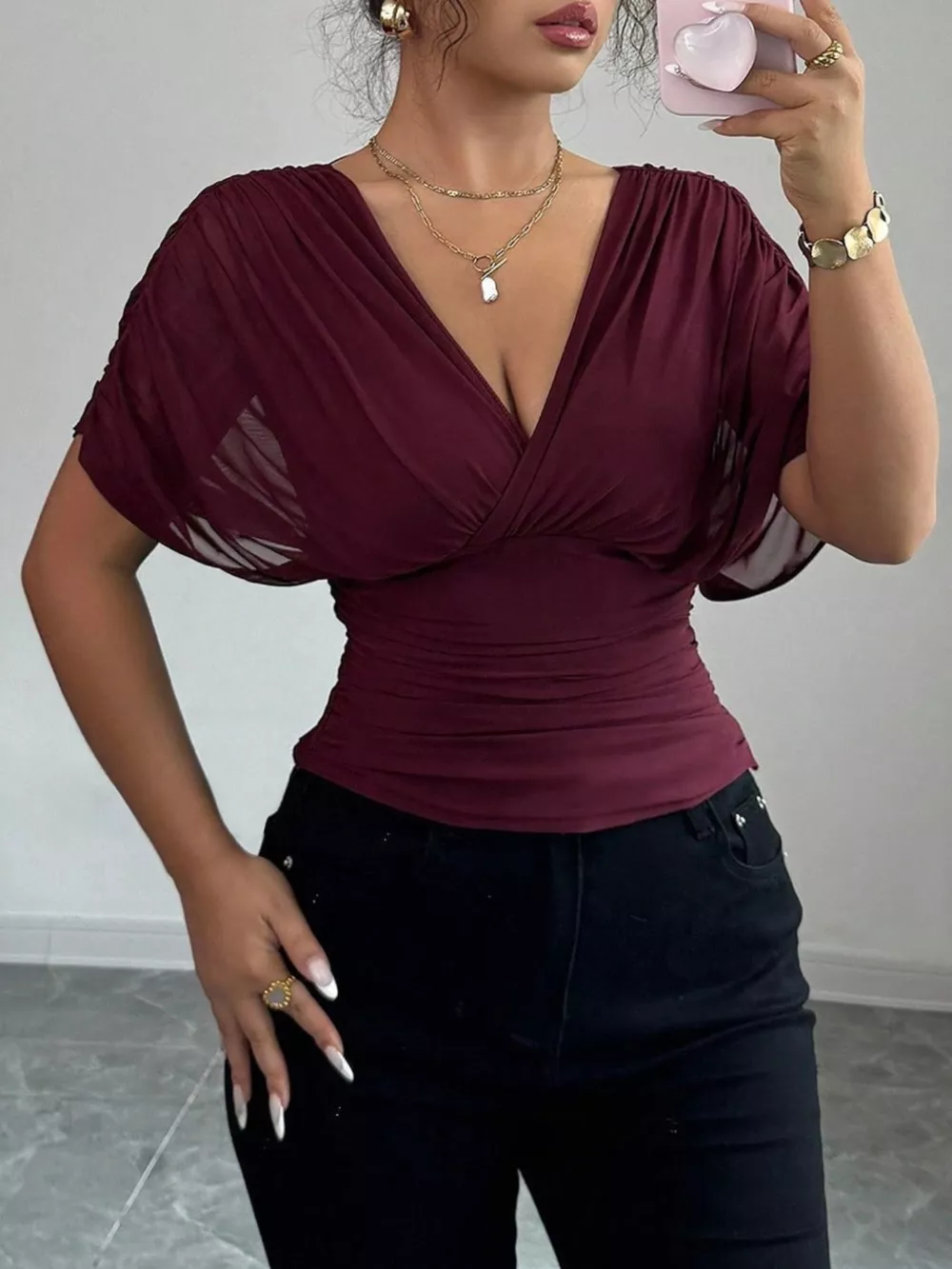 Ruched Surplice Short Sleeve Top, image 10