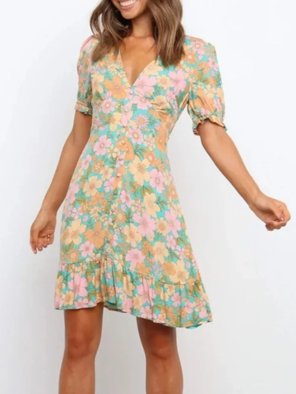 Ruffled Hem Printed Short Sleeve Mini Dress, image 3
