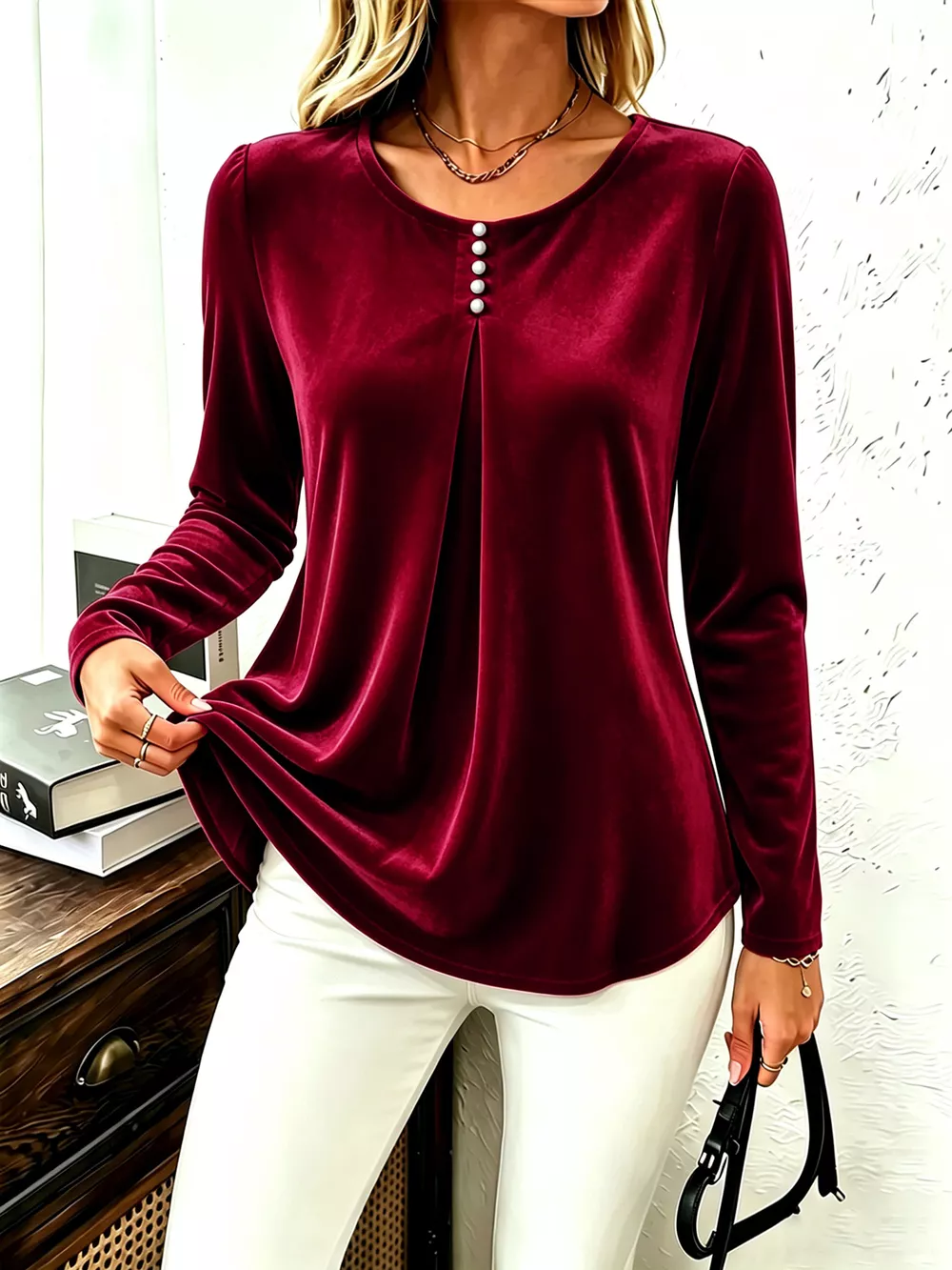 Velvet Long Sleeve Ruched Top, image 10