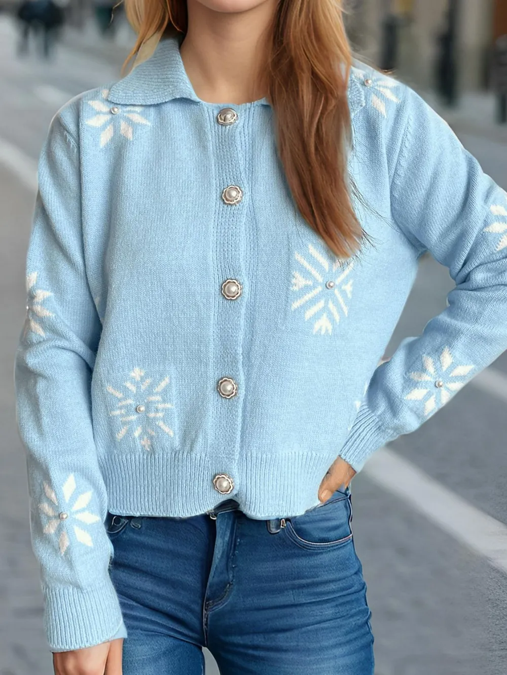 Pearl Trim Collared Neck Long Sleeve Cardigan, image 19