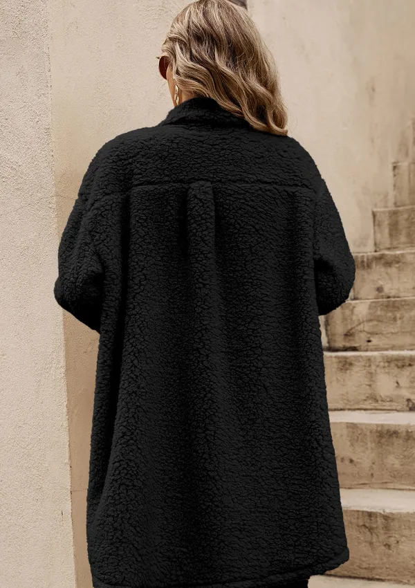 Collared Neck Long Sleeve Longline Teddy Jacket, image 12