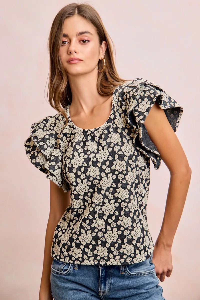 BiBi Floral Jacquard Ruffle Sleeves Knit Top, image 17