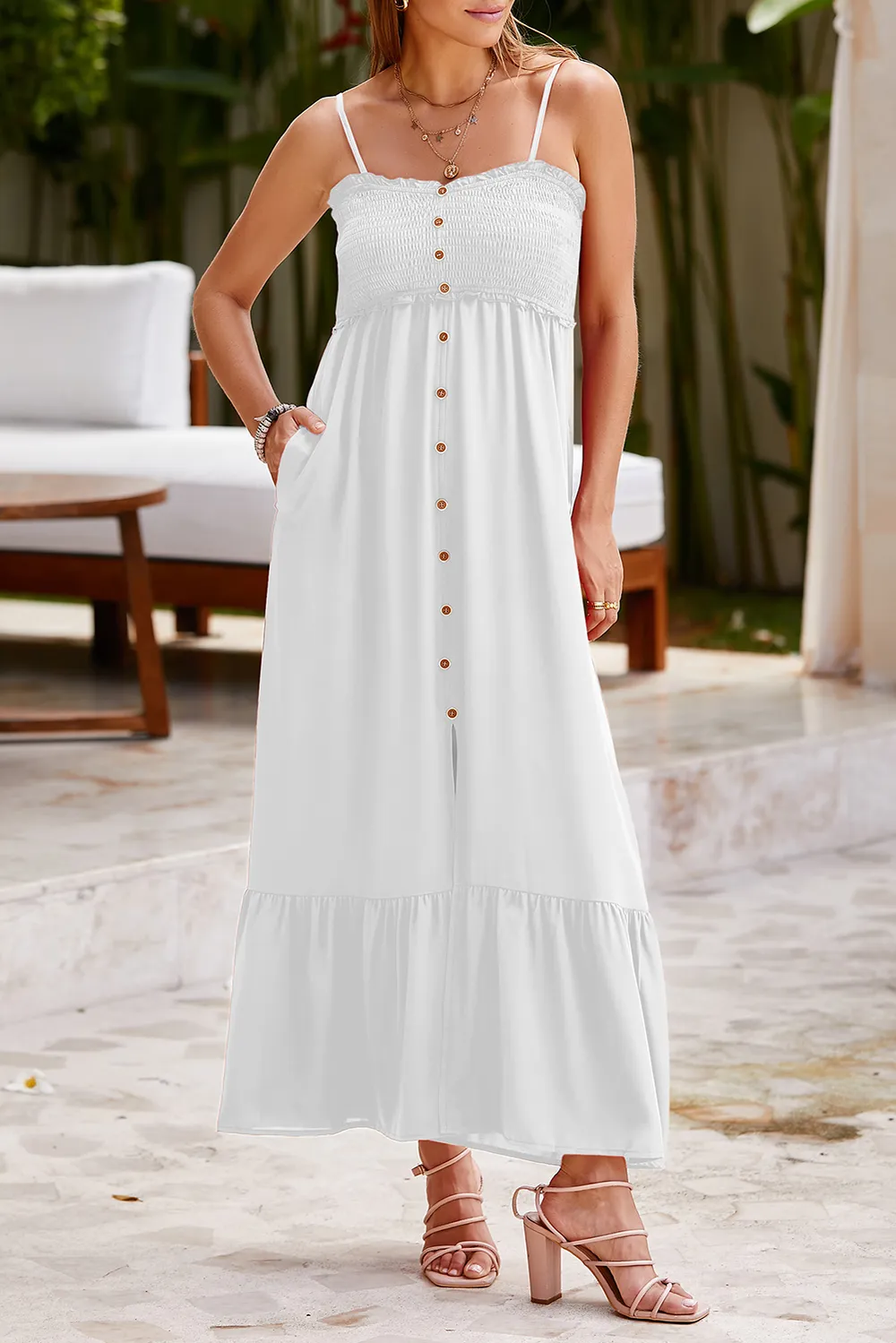 Smocked Spaghetti Strap Ruffle Hem Dress, image 5