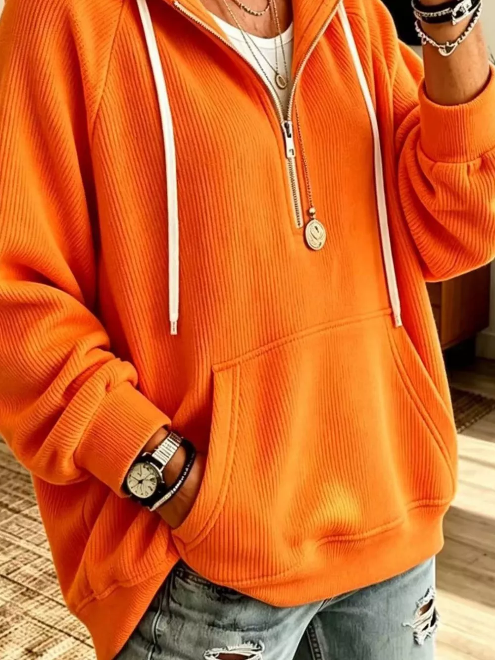 Ribbed Knit Quarter-Zip Hoodie with Kangaroo Pocket, image 4