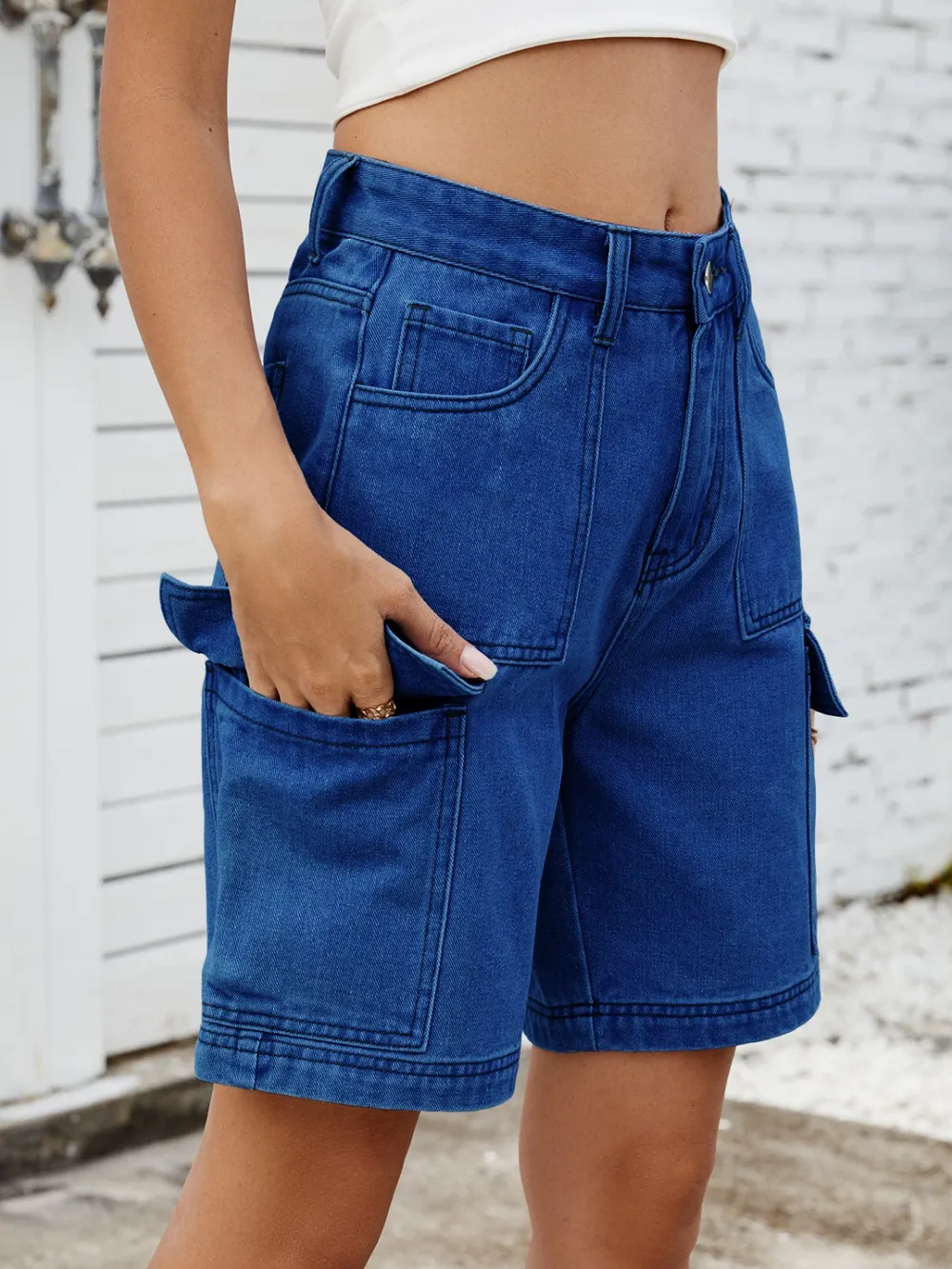 High Waist Denim Shorts with Cargo Pockets, image 7