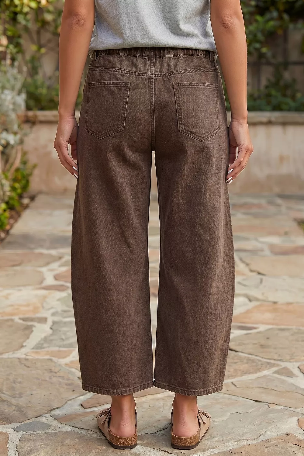 Solid Color Square Patch Pocket Ankle-length Barrel Jeans, image 2