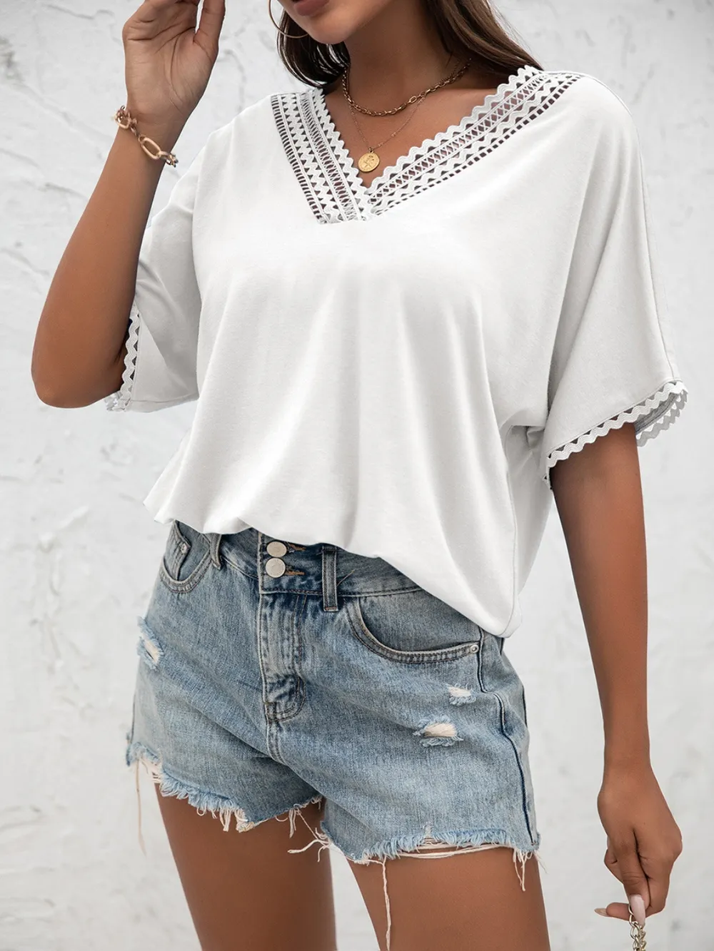 Lace Detail V-Neck T-Shirt, image 7