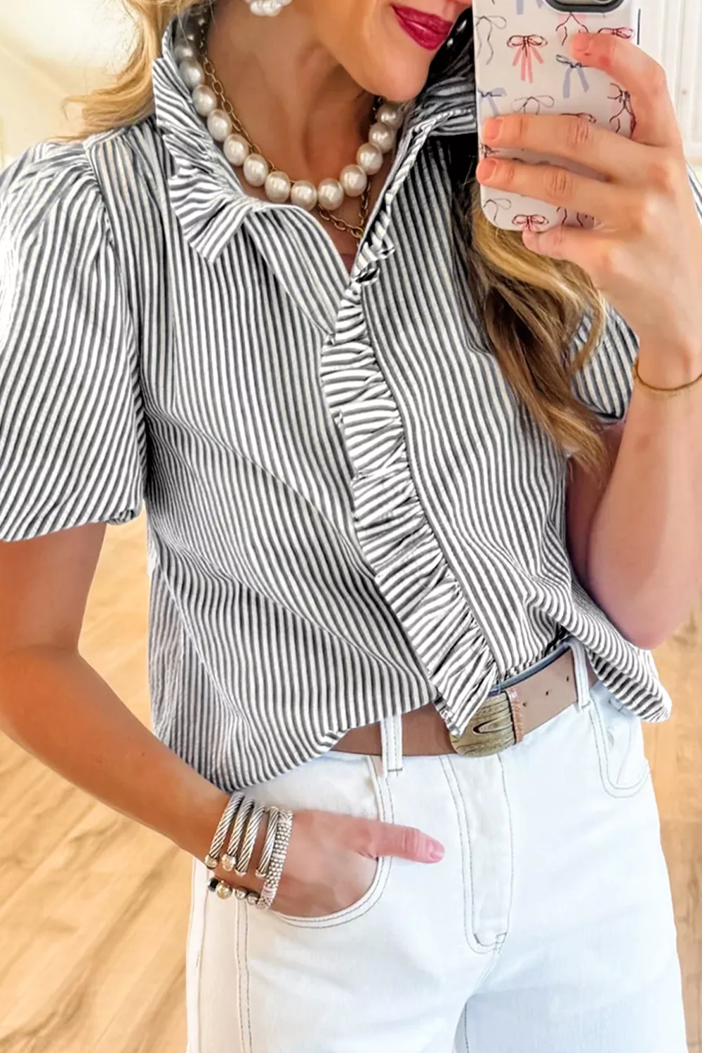 Striped Ruffle Short Bubble Sleeve Shirt, image 5