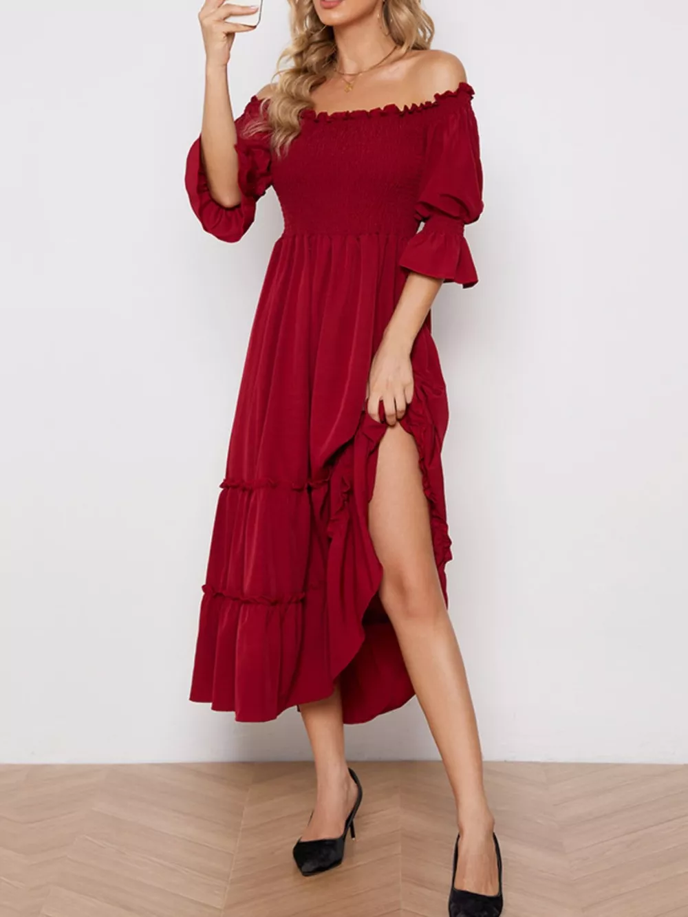 Smocked Off-Shoulder Ruffle Hem Midi Dress, image 5