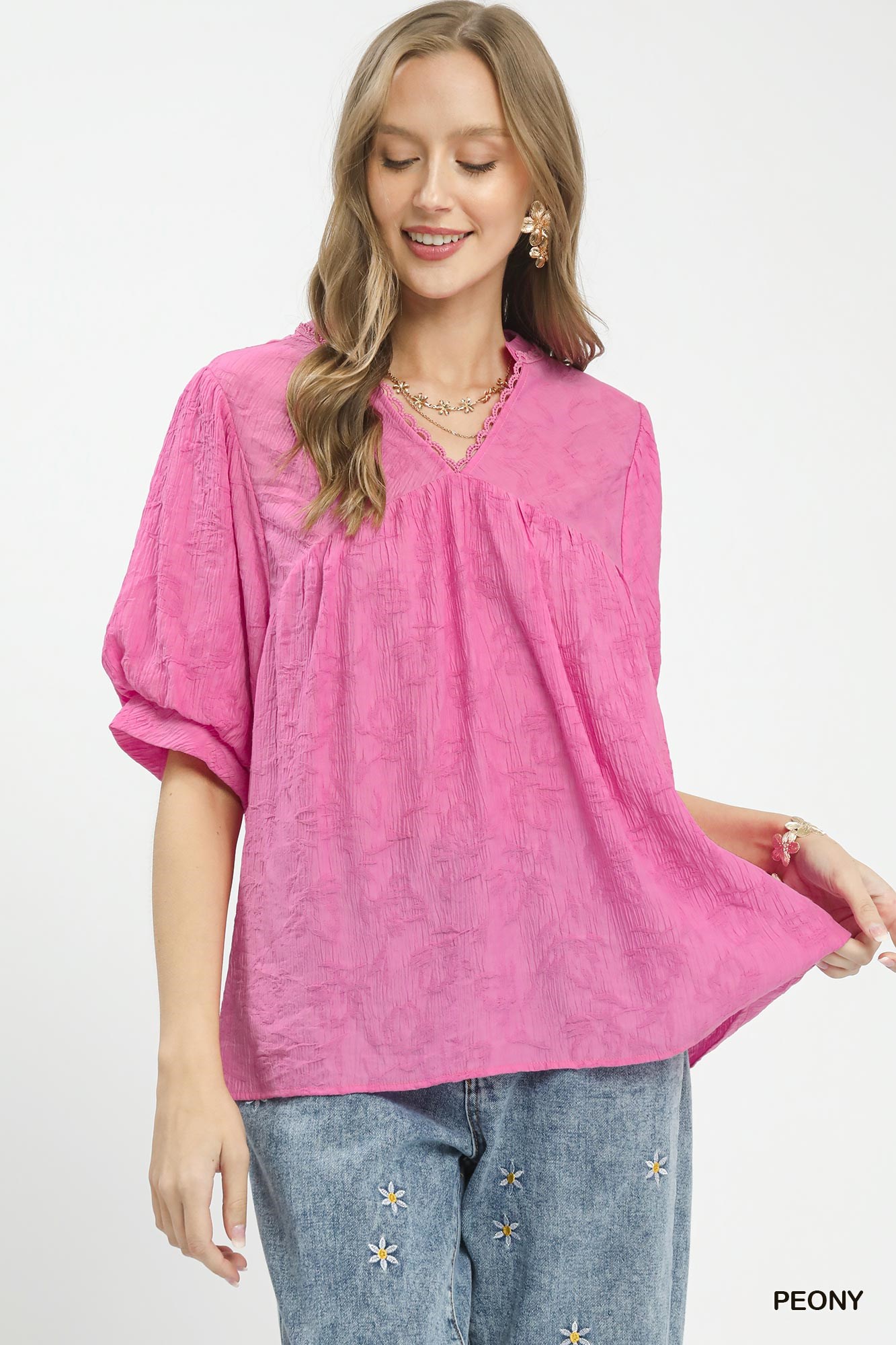 Textured Lace Trim V-Neck Boho Blouse