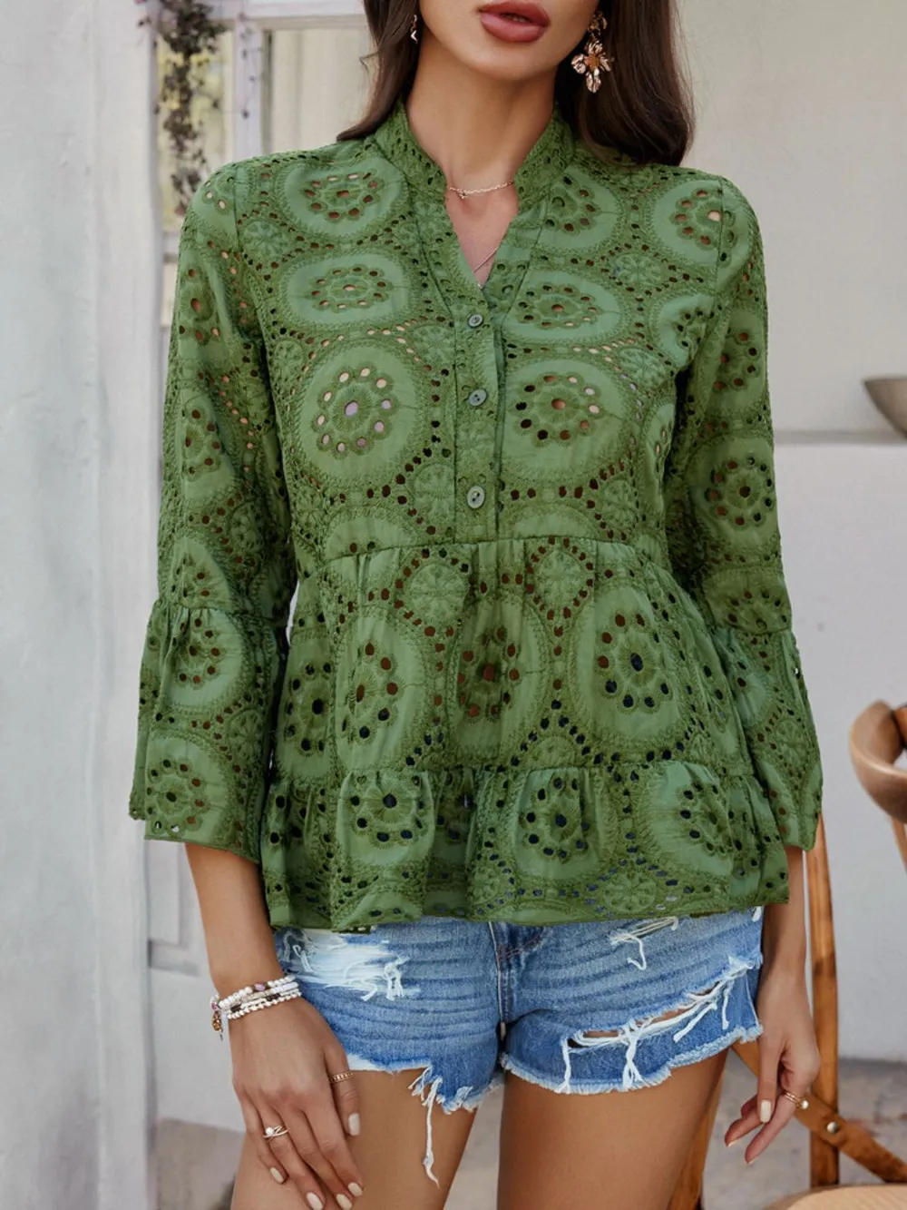 Half Button Flounce Sleeve Peplum Blouse, image 4