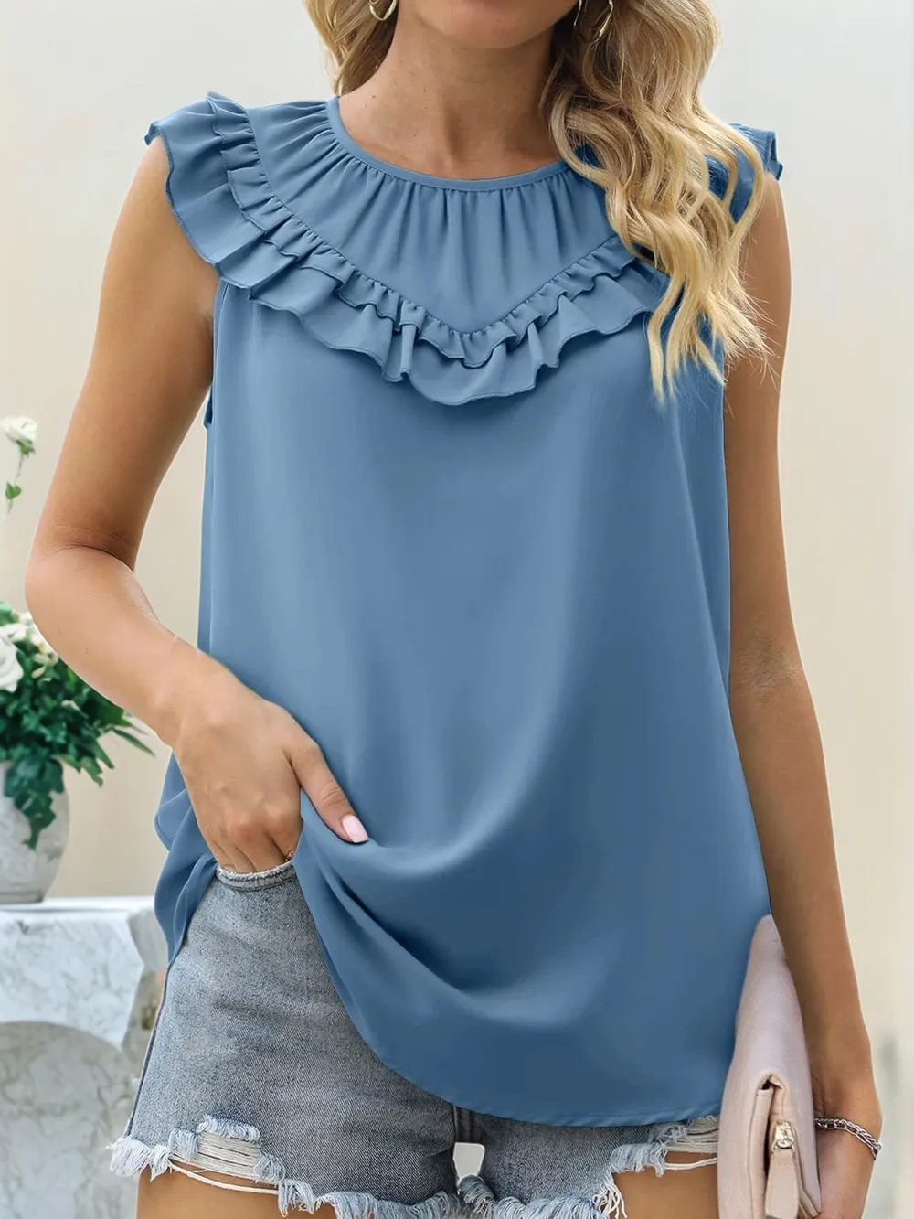 Ruffle Trim Round Neck Blouse, image 5