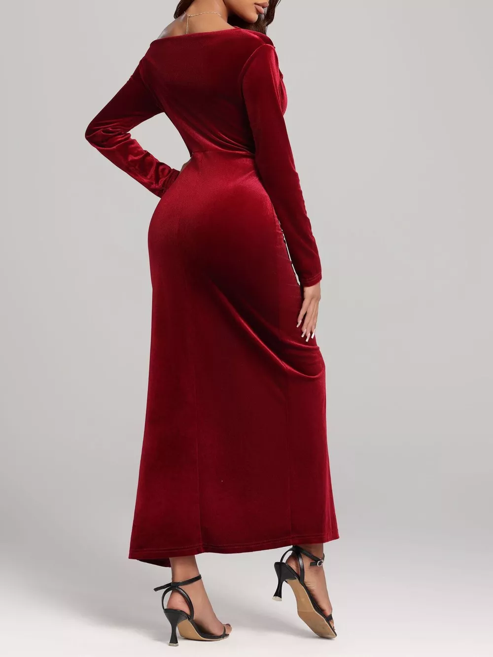 Ruched Velvet Long Sleeve Slit Dress, image 3
