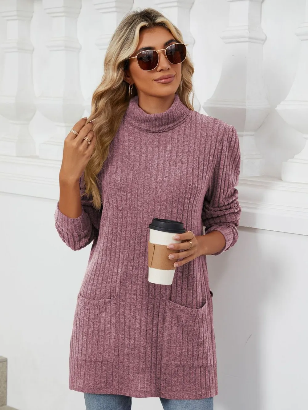 Slit Mock Neck Long Sleeve T-Shirt, image 10