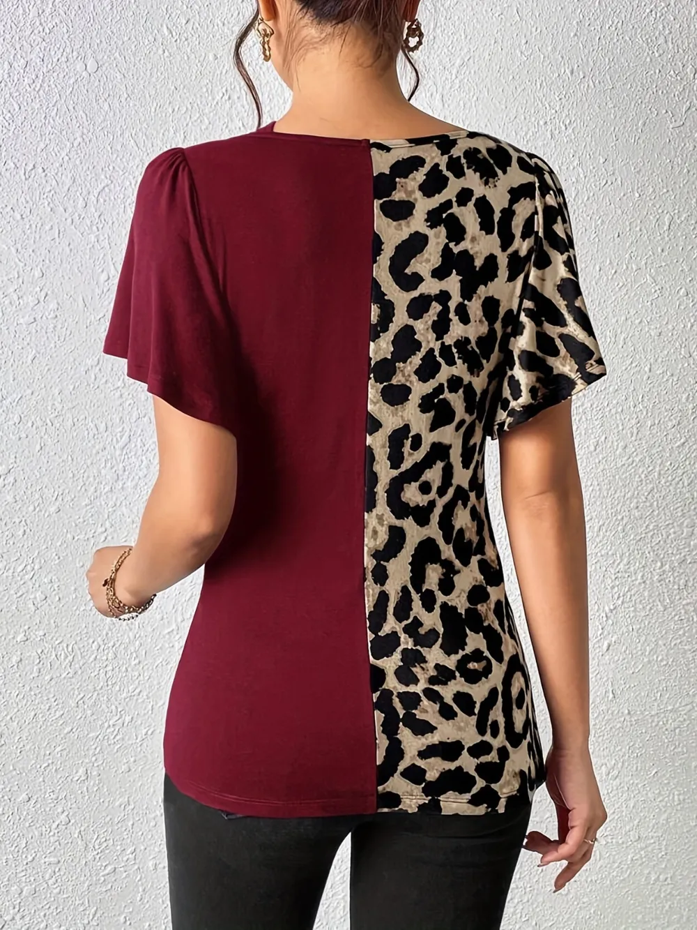 Ruched Leopard Flutter Sleeve T-Shirt, image 8