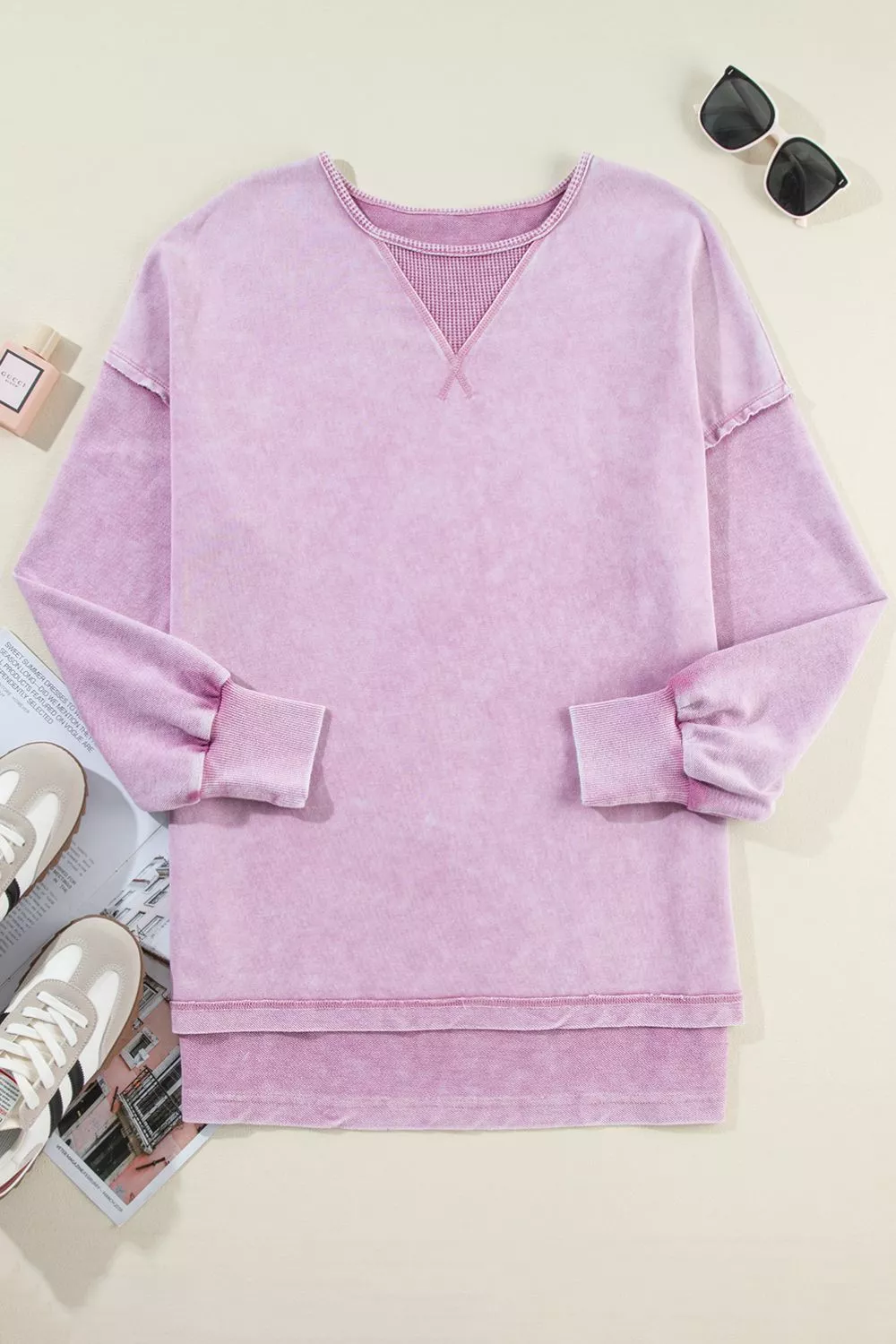 Exposed Seam Round Neck Long Sleeve Sweatshirt, image 7