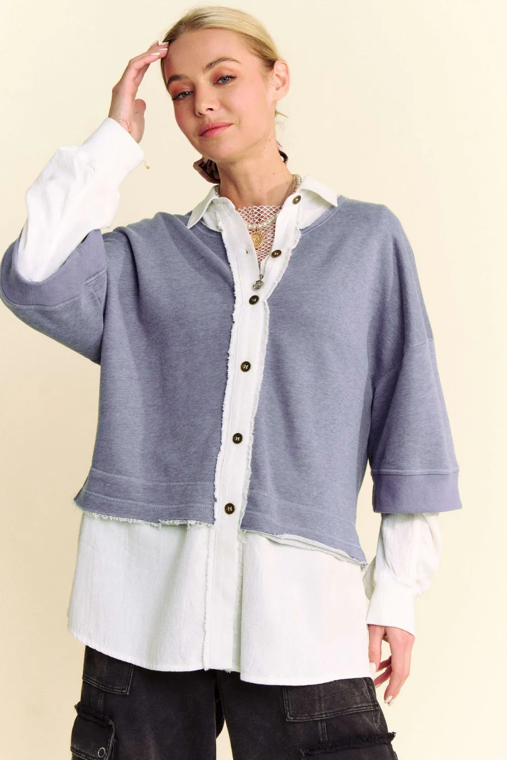 Faux Layered French Terry Contrast Top, image 3