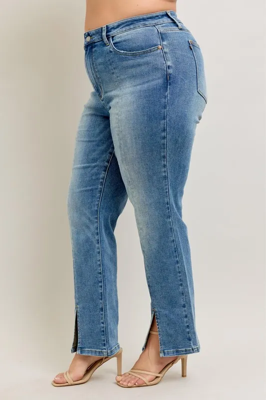 Full Size High Waist Vintage Wash Front Seam & Slit Straight Plus Size, image 4