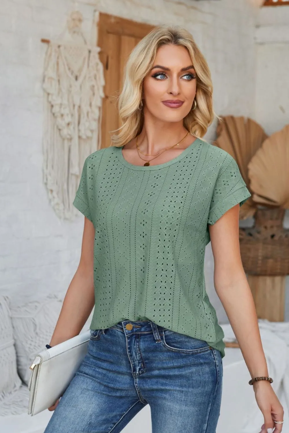 Eyelet Round Neck Rolled Short Sleeve T-Shirt, image 26