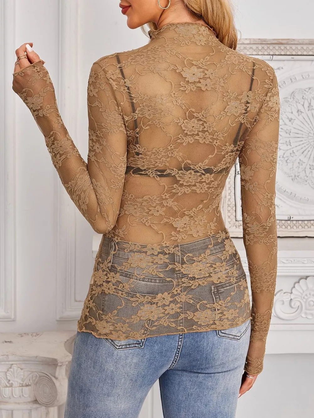 Sheer Floral Lace Long Sleeve Top, image 26