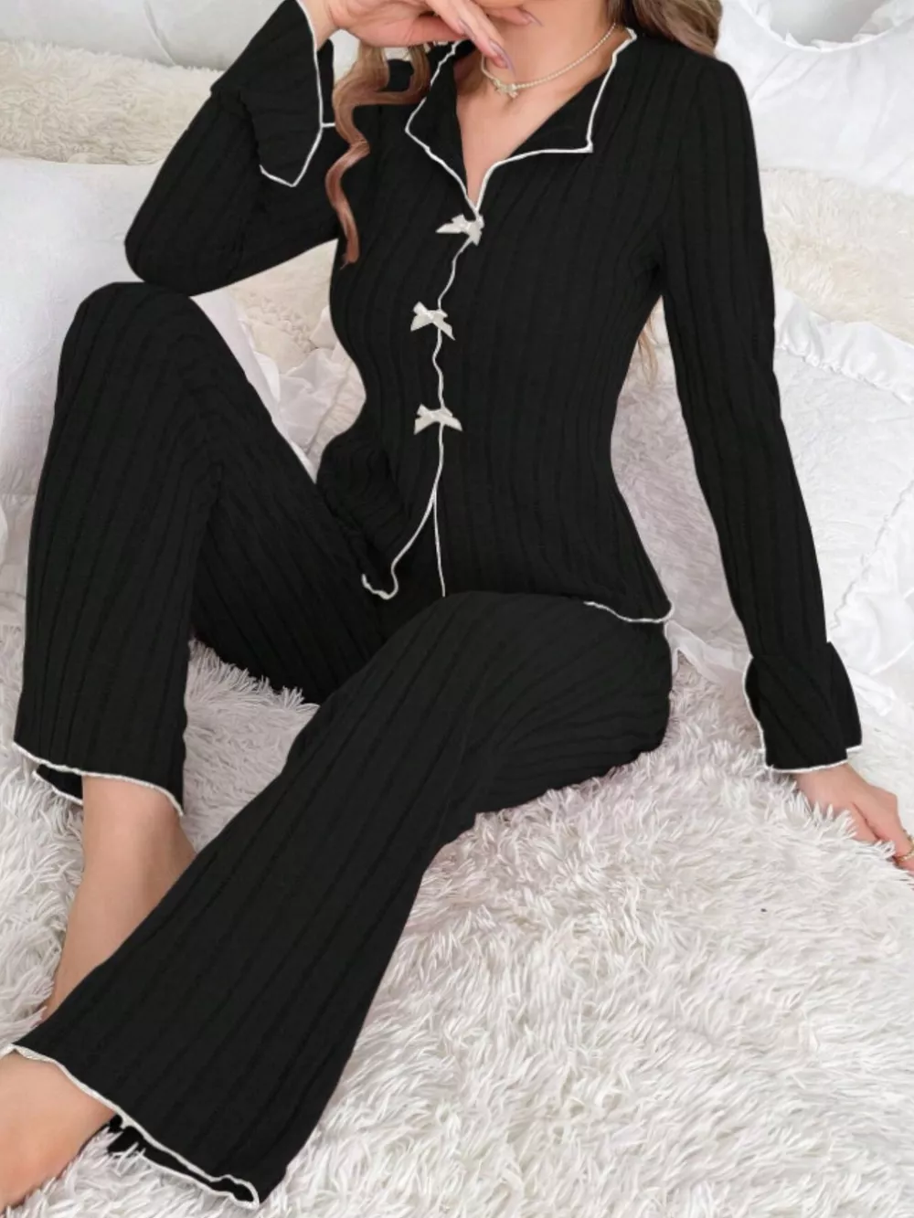 Ribbed Bow Front Top and Pants Lounge Set, image 7