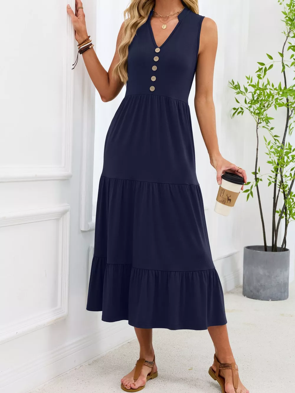 Sleeveless Notched Tiered Midi Dress, image 14