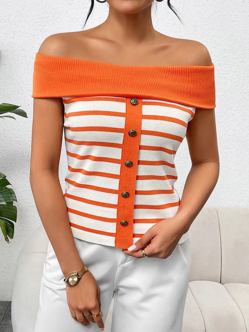 Decorative Button Striped Off-Shoulder Knit Top, image 7