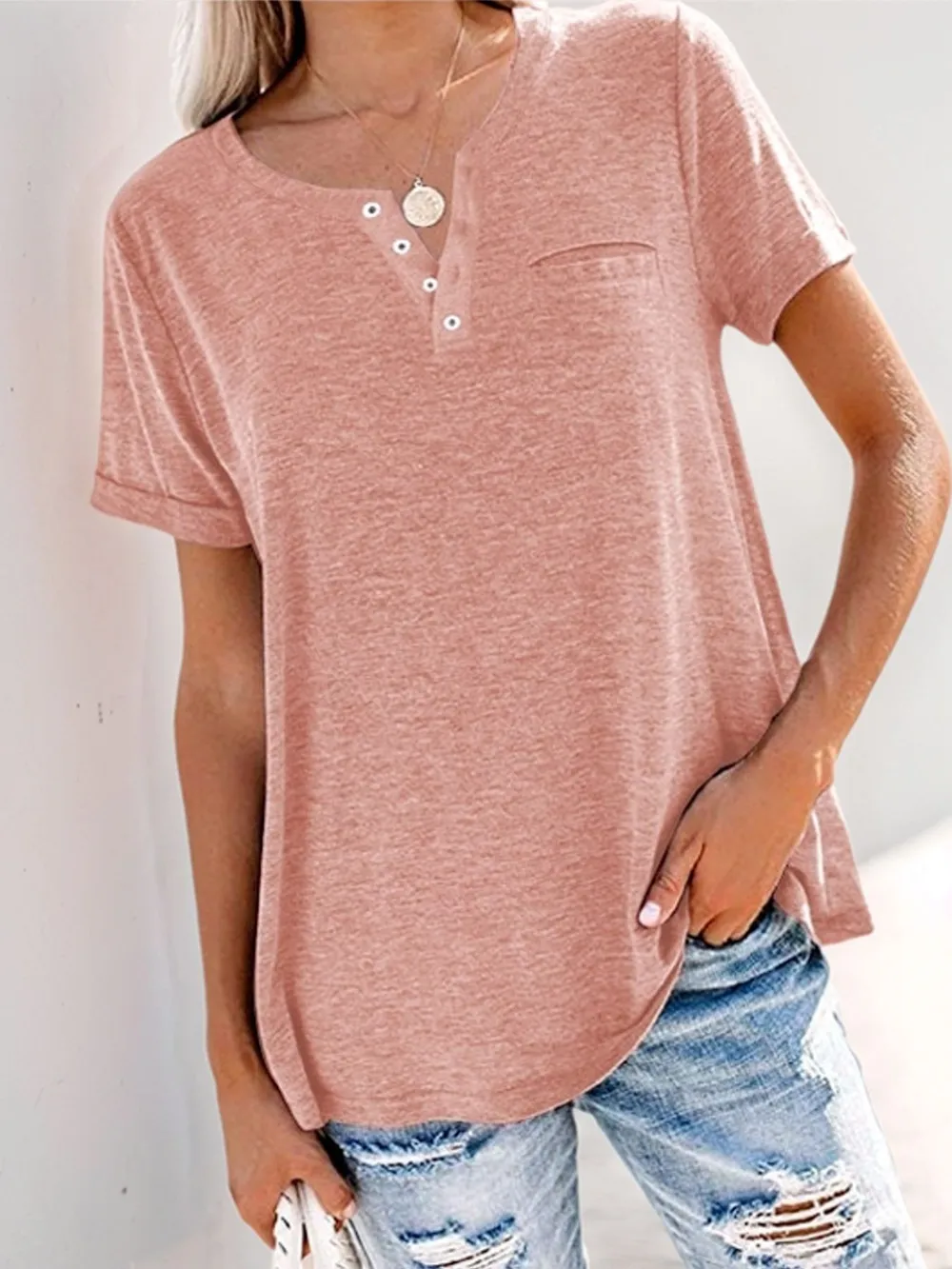 Full Size Notched Short Sleeve T-Shirt Plus Size, image 2