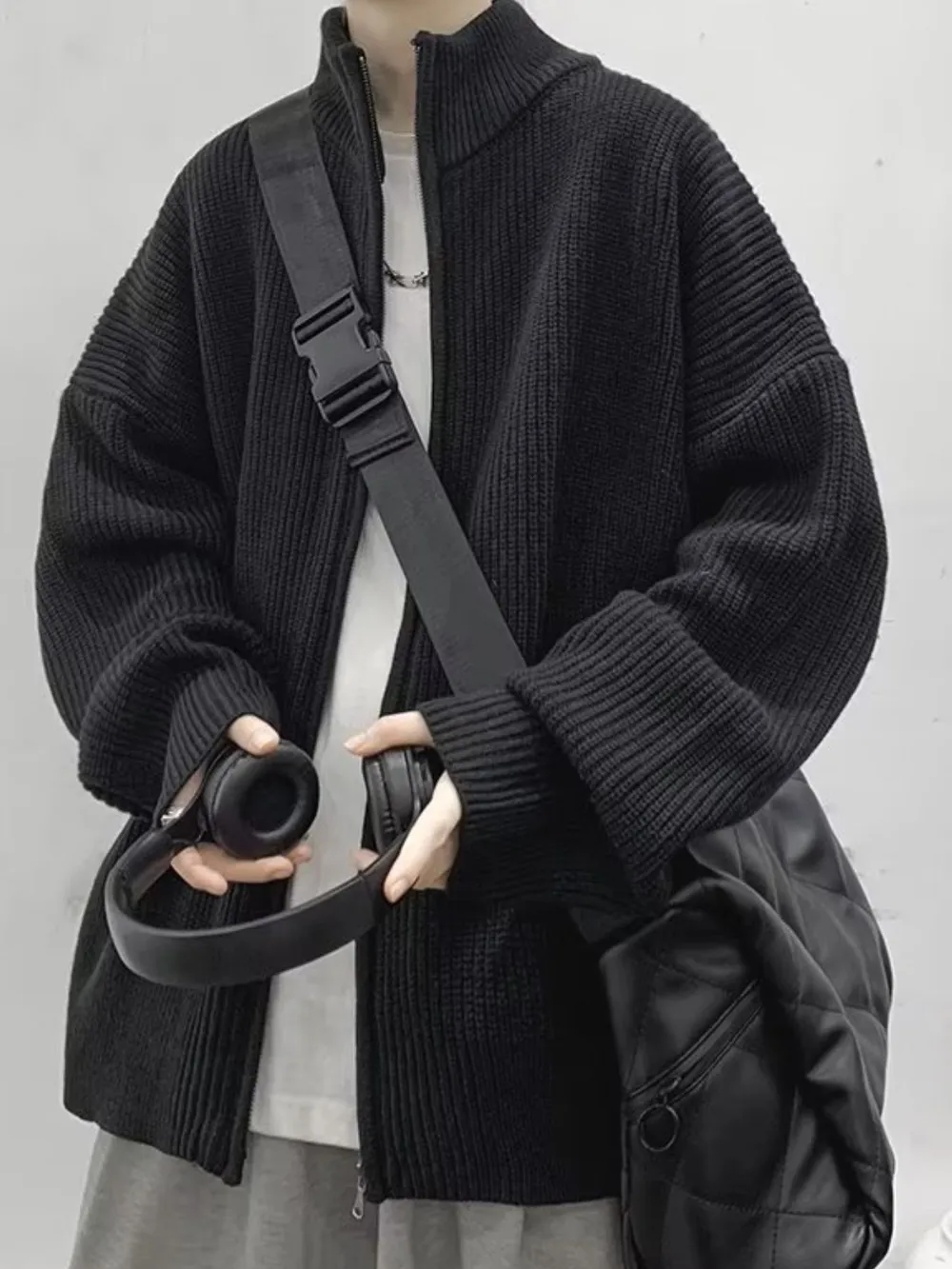 Men's Oversized Ribbed Zip-Up Sweater Cardigan