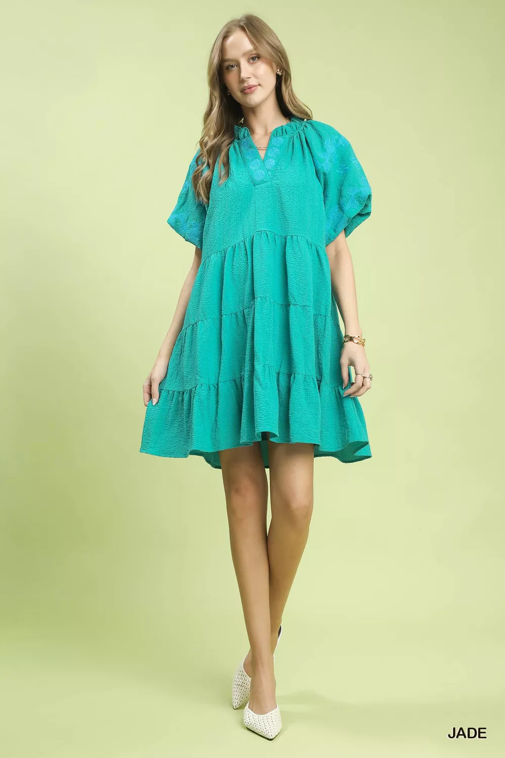 Embroidered Tiered Puff Sleeve Mini Dress, image 3