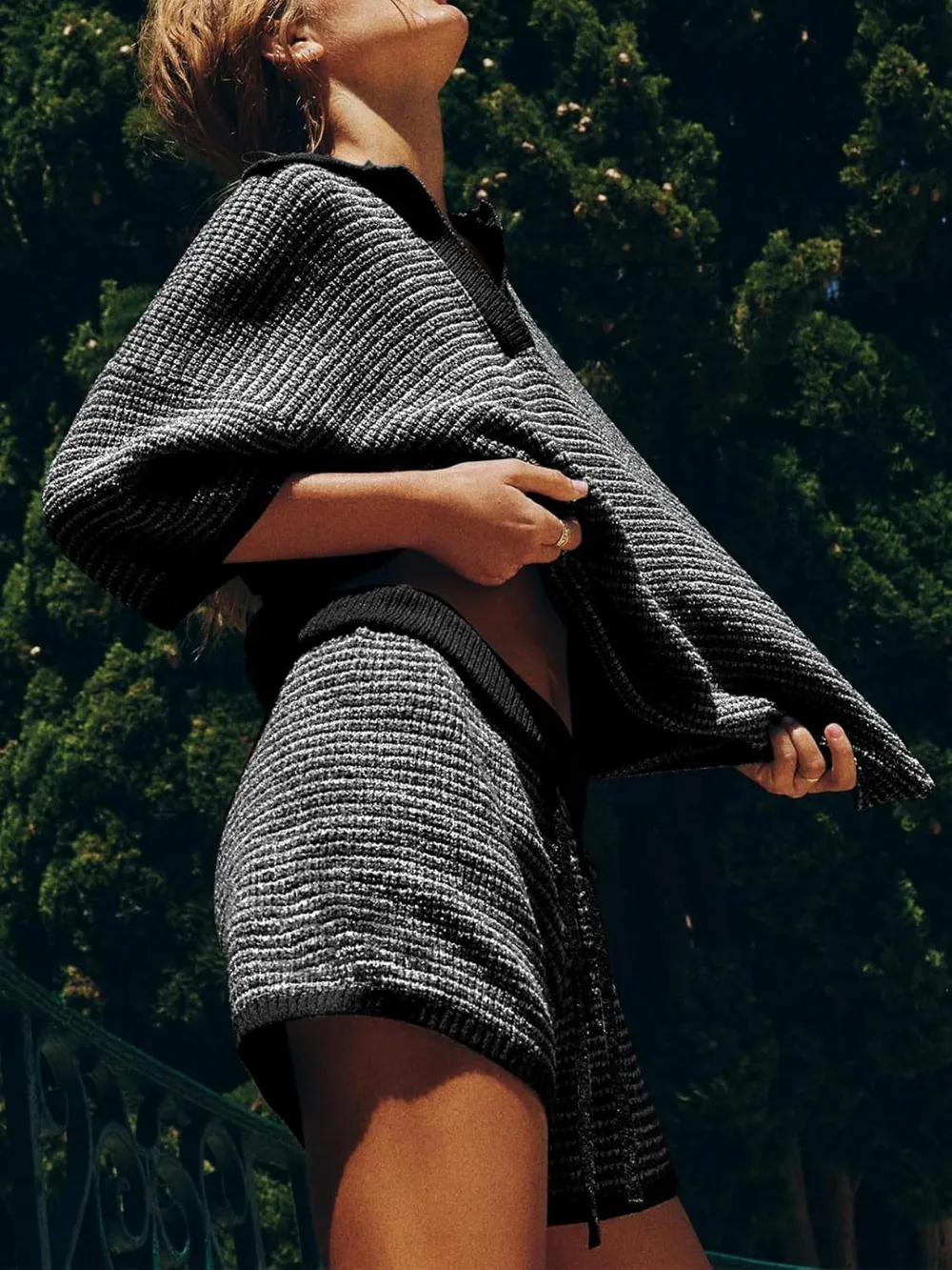 Collared Neck Contrast Striped Top and Shorts Sweater Set, image 20