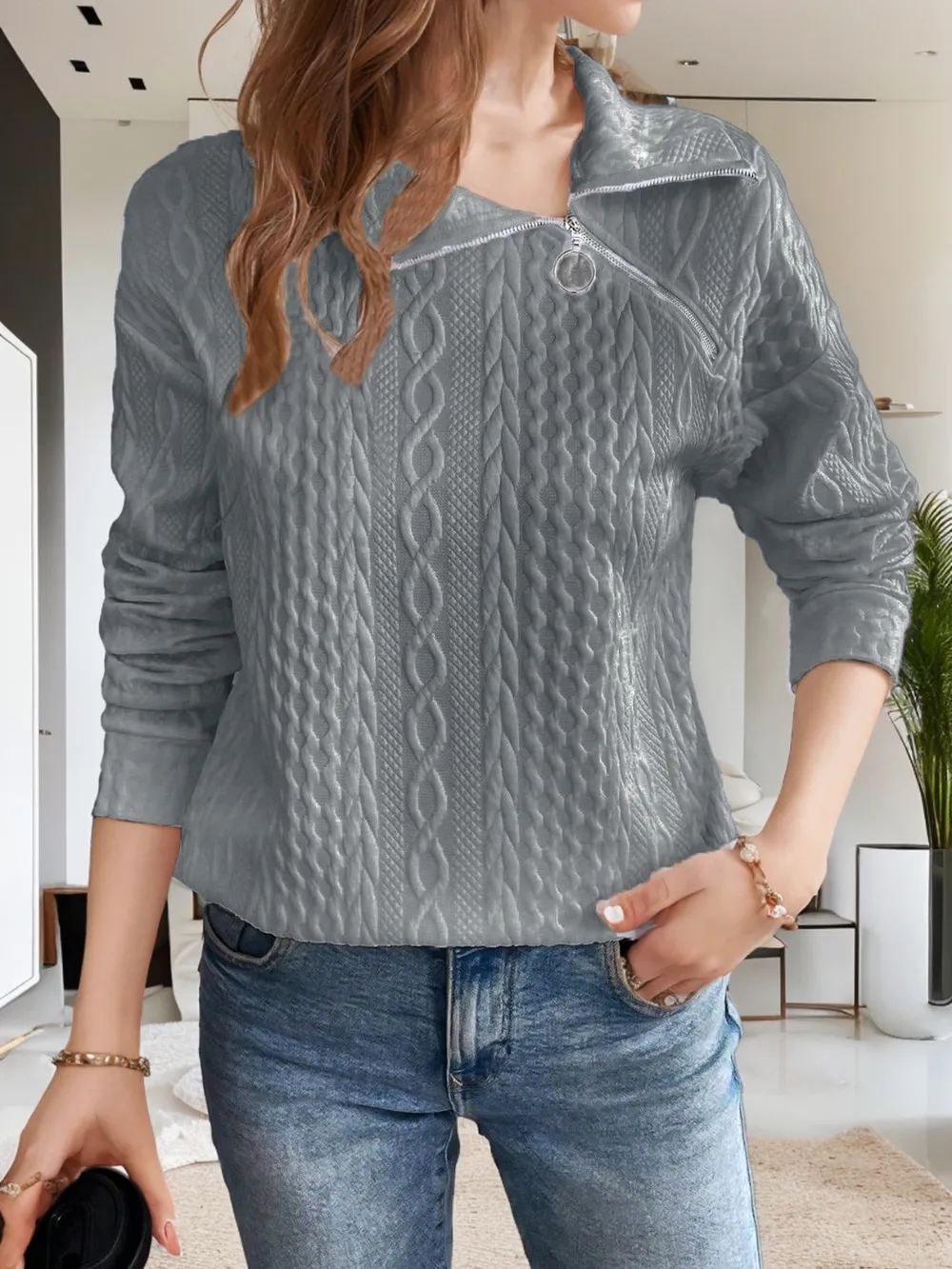 Oblique Zipper Collared Neck Long Sleeve Sweatshirt, image 7