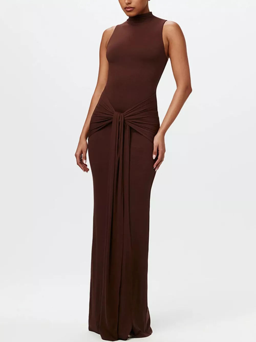 Sleeveless Mock Neck Knot Front Maxi Dress, image 2