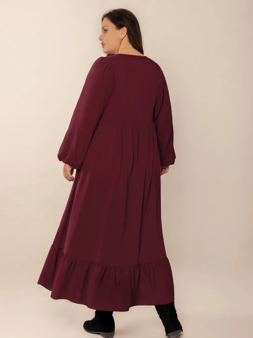 Plus Size Ruffled Hem V-Neck Balloon Sleeve Dress, image 6