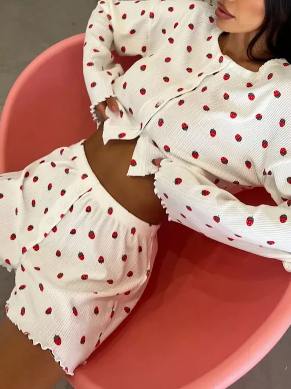 Strawberry Print Button-Down Top and Shorts Lounge Set, image 2