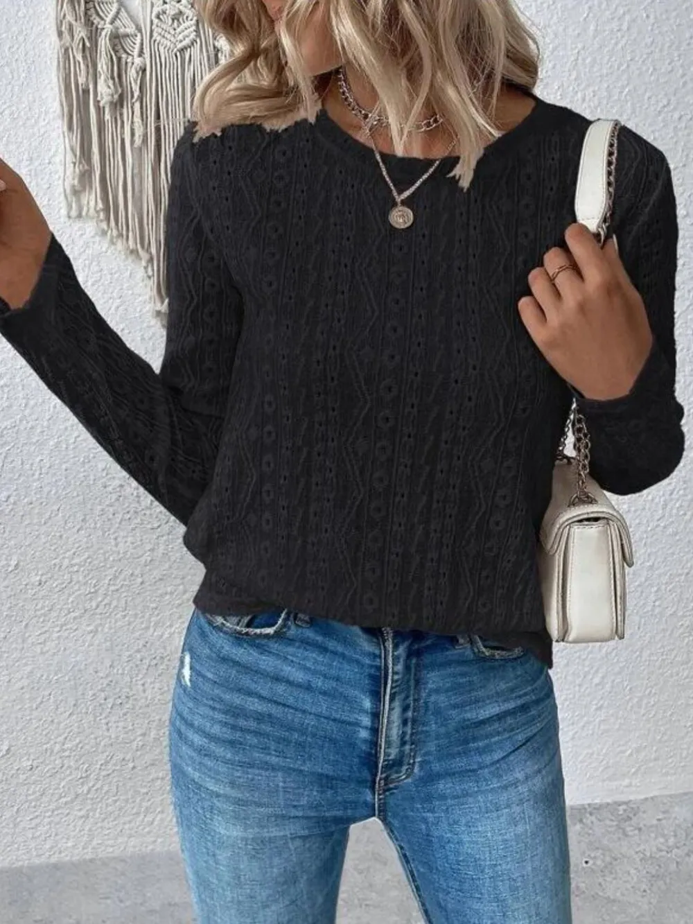 Eyelet Round Neck Long Sleeve Blouse, image 8