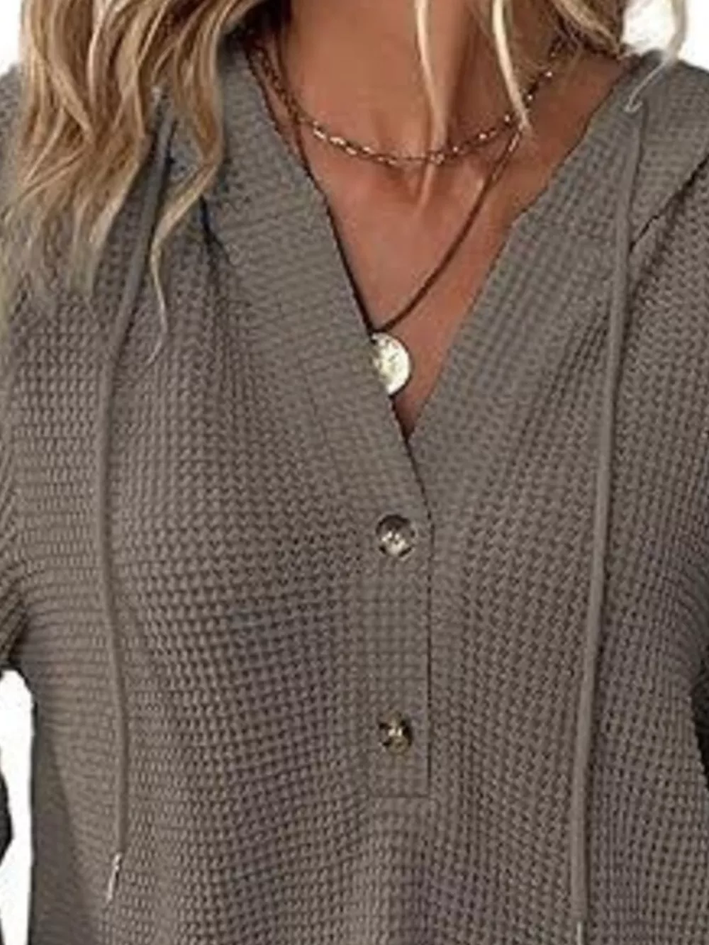 Full Size Button Detail Waffle Knit Hoodie Plus Size, image 11