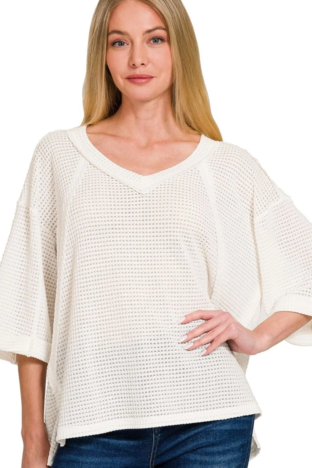 Brushed Waffle Exposed-seam 3/4 Sleeve Top