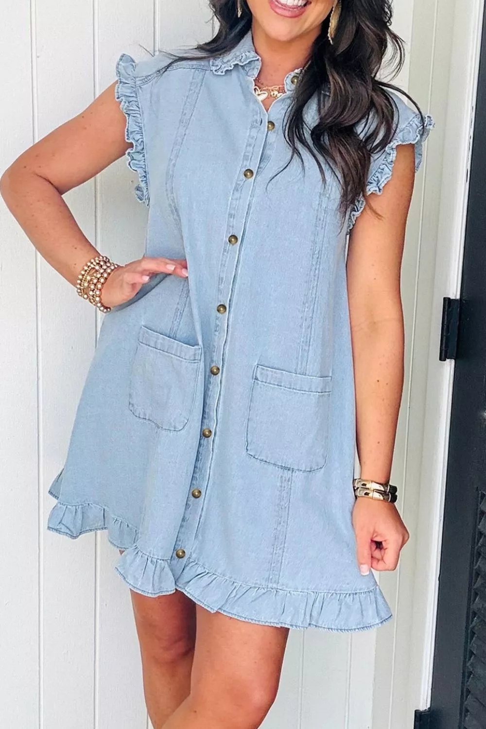 Ruffled Edge Collared Shift Denim Dress with Pockets, image 6