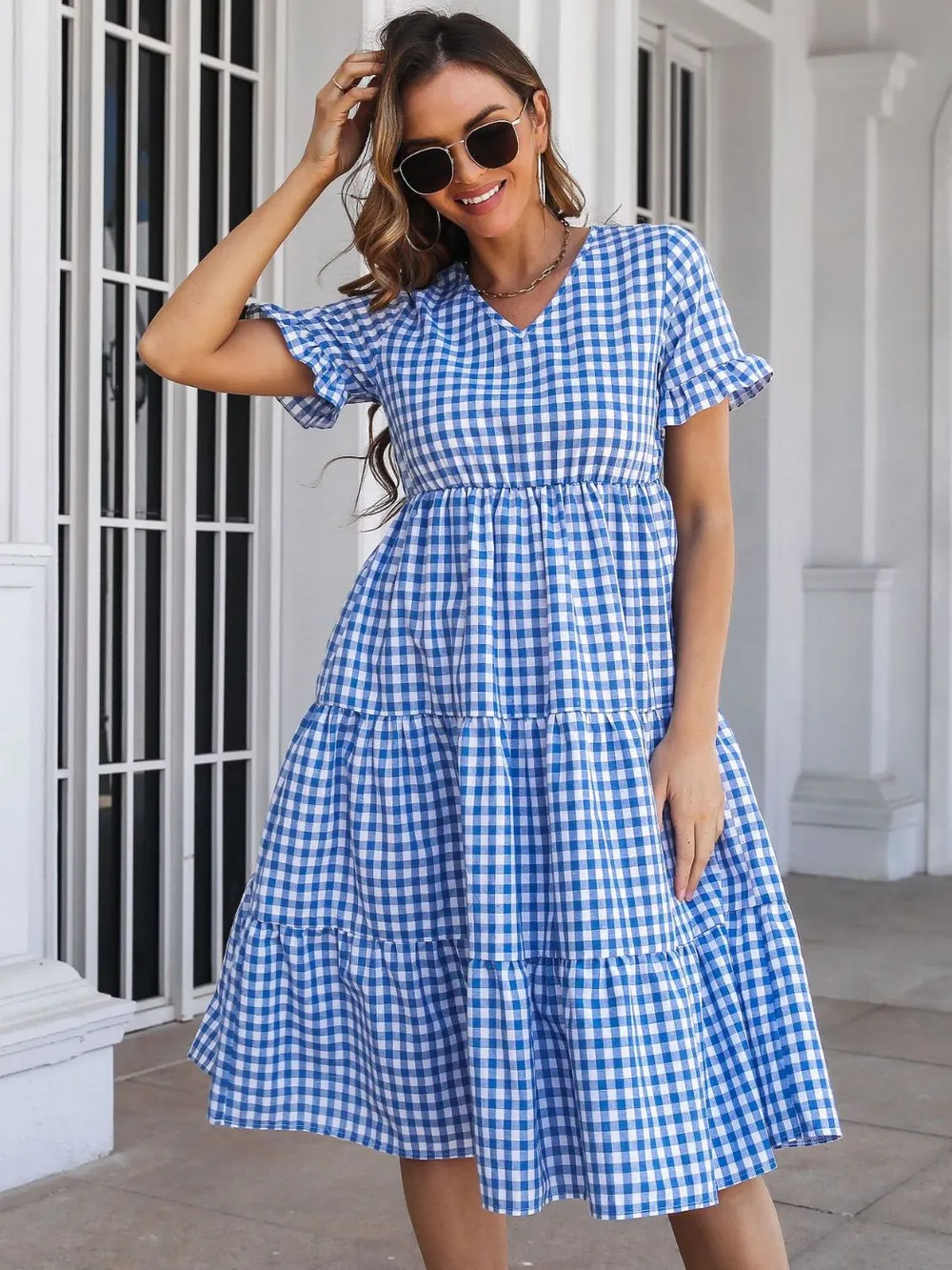 Plaid V-Neck Short Sleeve Midi Dress, image 5