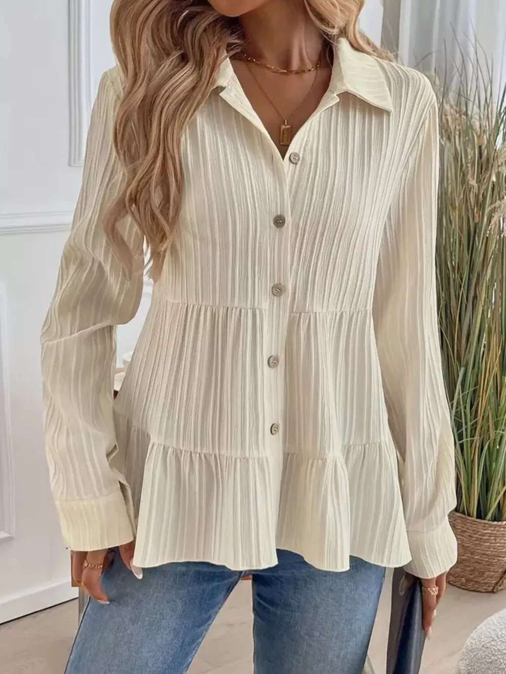 Button-Down Long Sleeve Tiered Shirt, image 4