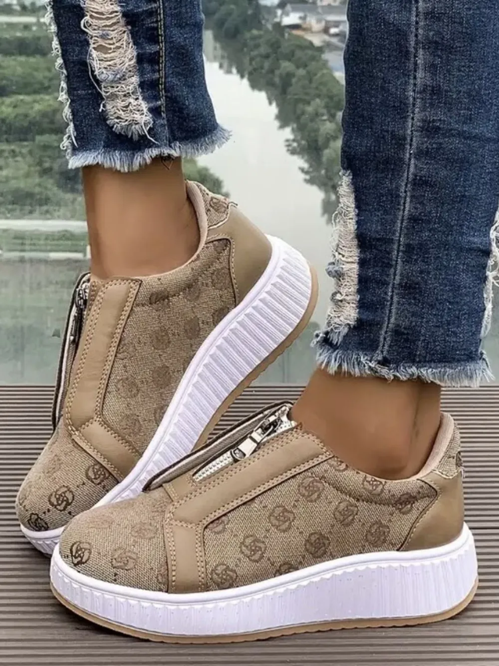 Floral Round Toe Sneakers with Zip, image 7