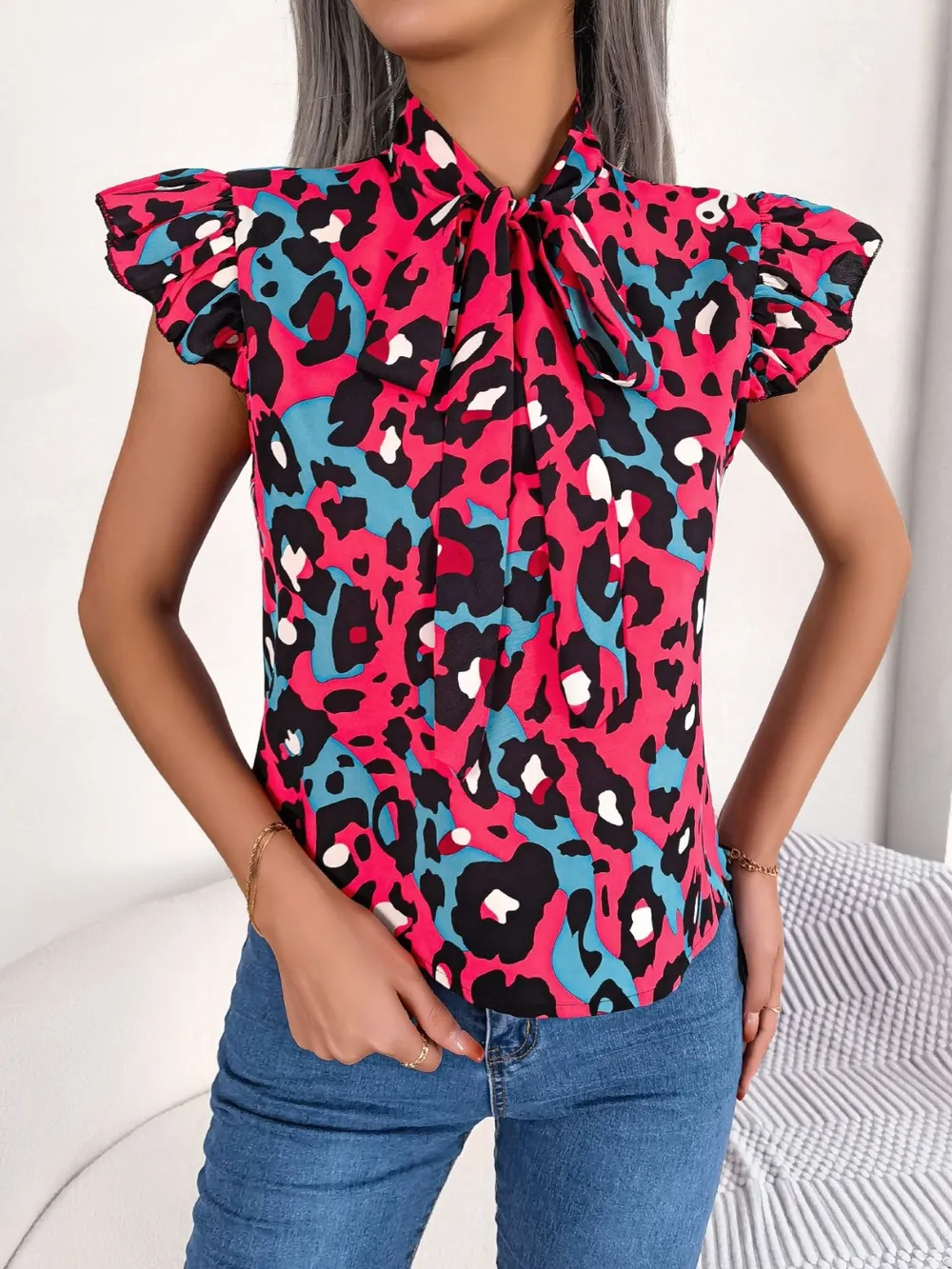 Leopard Tie Neck Cap Sleeve Blouse, image 10