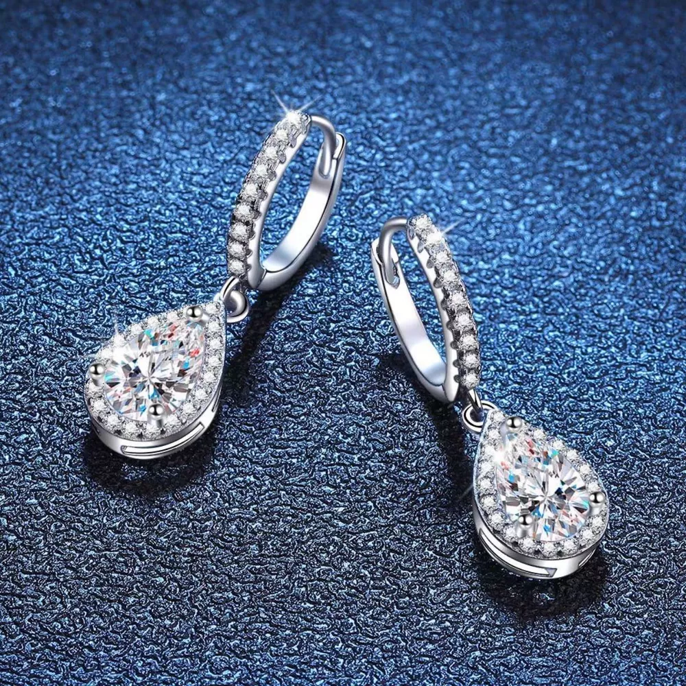 1 Carat 925 Sterling Silver Moissanite Hoop Teardrop Earrings, image 3