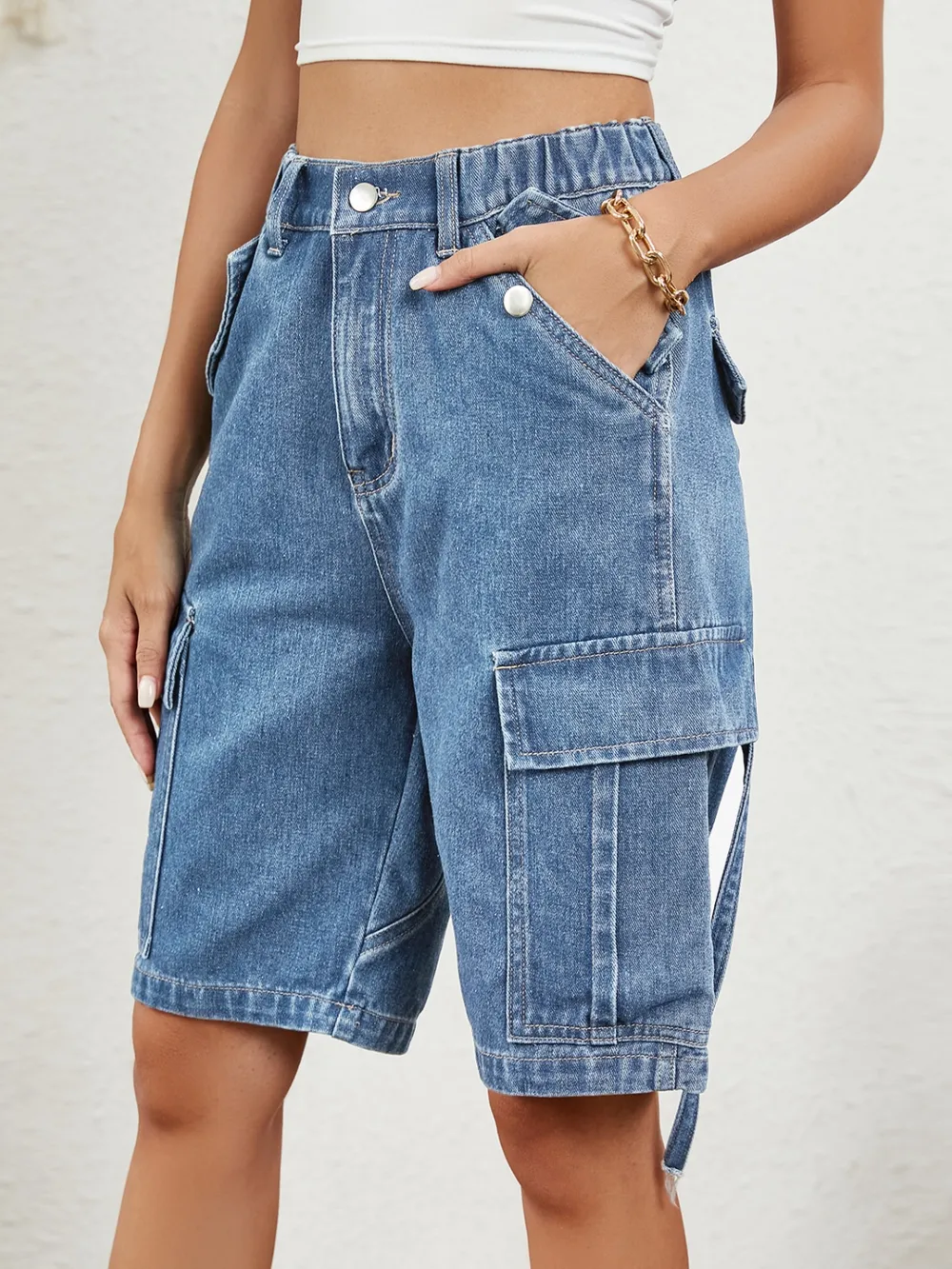 Buttoned Elastic Waist Denim Shorts with Pockets, image 3