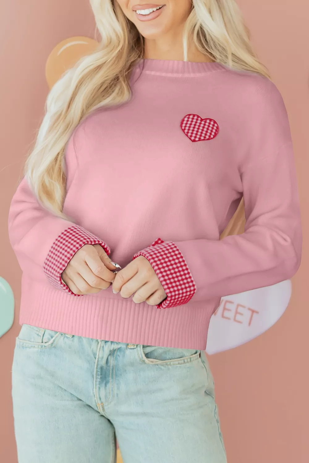 Plaid Heart Embroidered Cuffed Drop Shoulder Crew Neck Sweater, image 4