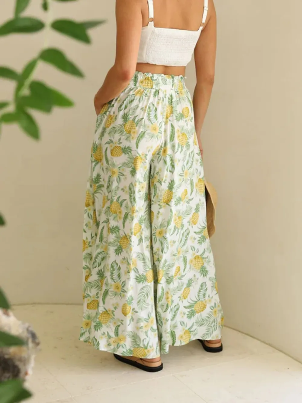 Drawstring Paperbag Waist Printed Wide Leg Pants, image 10